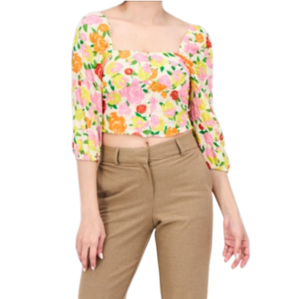 Mango MNG Pradera Floral Crop Blouse Square Neck Puff Long Sleeve XS 00-2